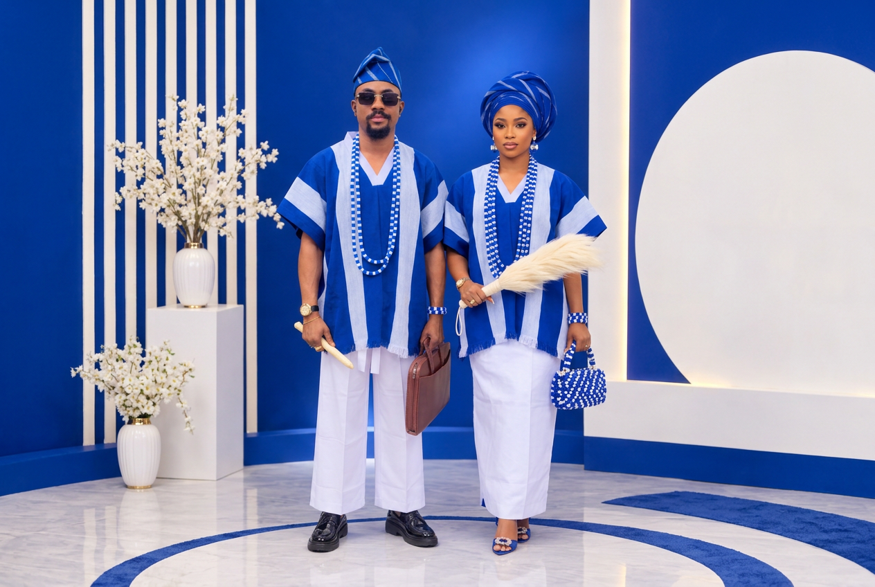 Official Style Up Cross River 2026 photograph: male and female representatives in the royal blue and white unified cultural fabric