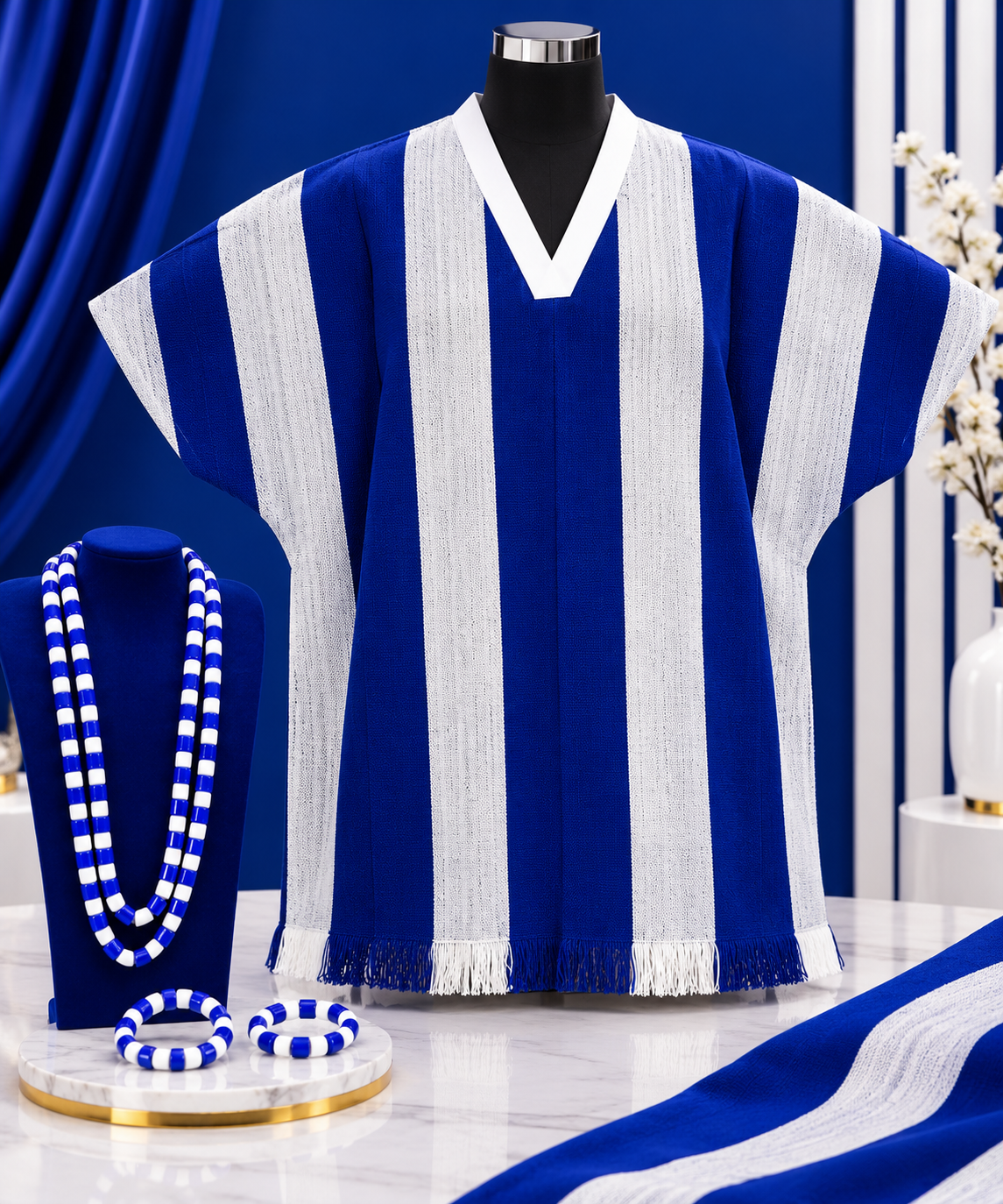 Official royal blue and white Unified Cultural Fabric with matching cultural beads